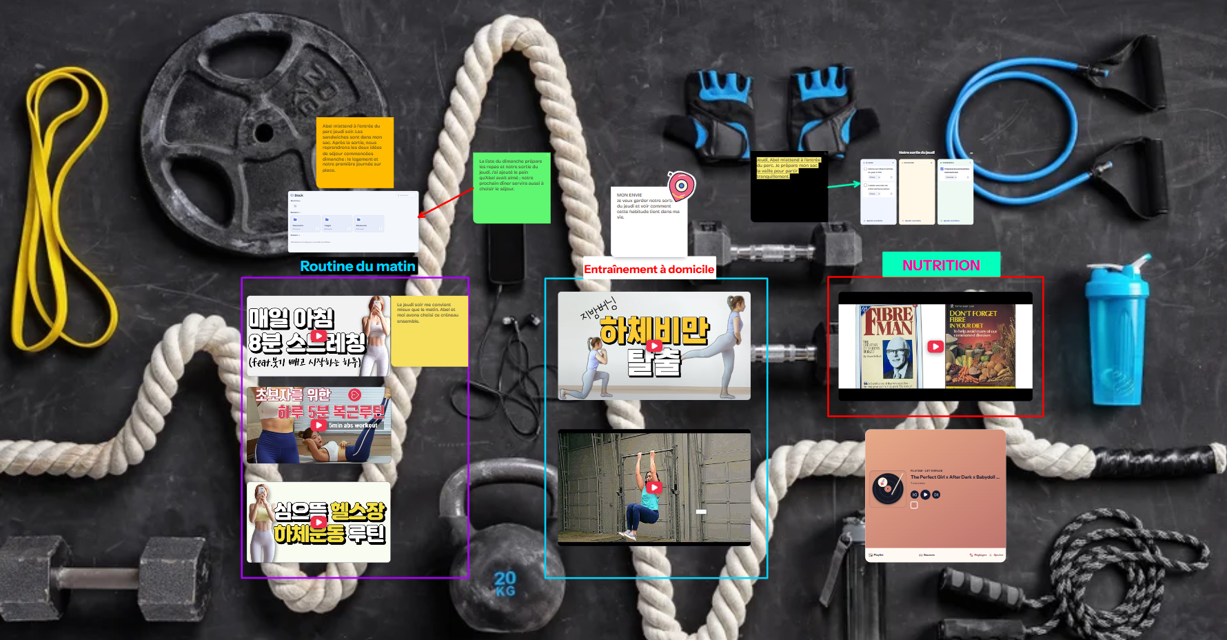 Tableau Tramepad consacré au sport avec des vidéos, des notes, des tâches et de la musique