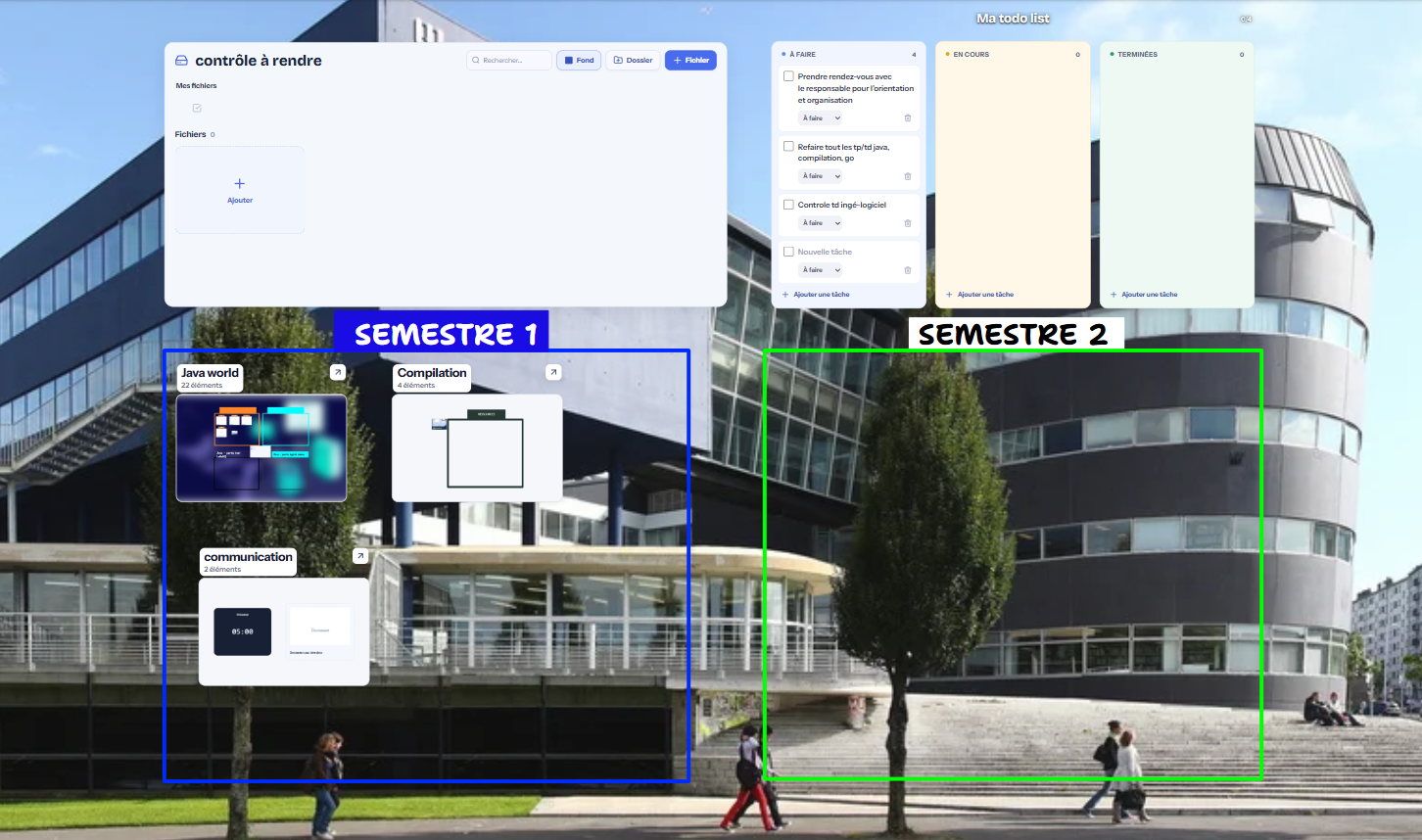 Un exemple d’organisation à la fac : des espaces par matière et par semestre, des travaux à rendre et une liste de tâches.